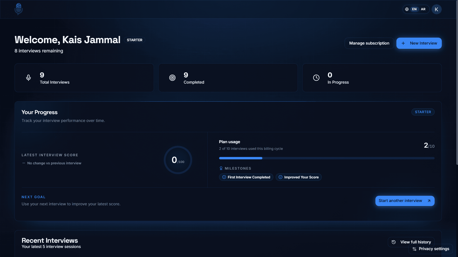 Interviewlary dashboard showing interview totals, your latest score, plan usage, milestones, and recent sessions