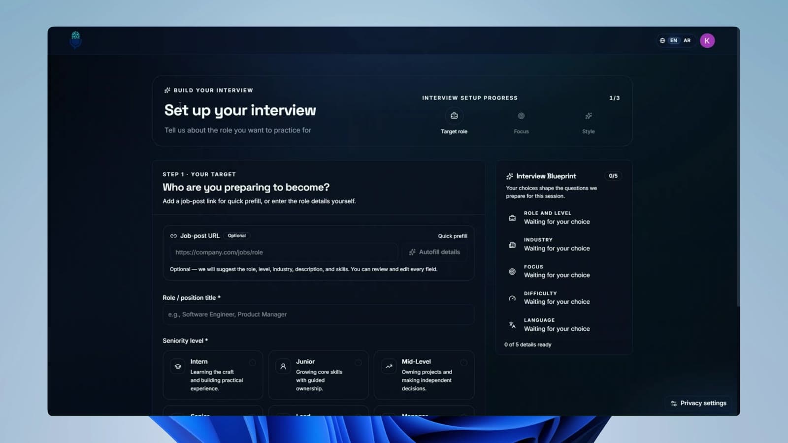 Interviewlary setup-to-feedback walkthrough
